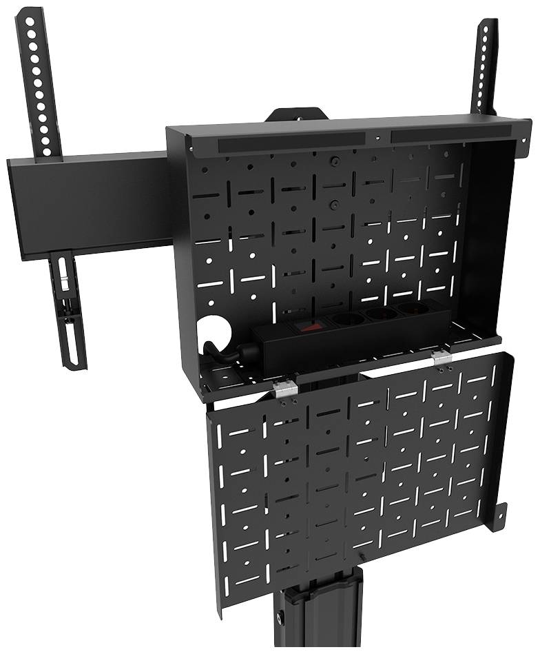 Black metal box with perforated sides, opened and mounted on a bracket. Suitable for storing technical equipment.