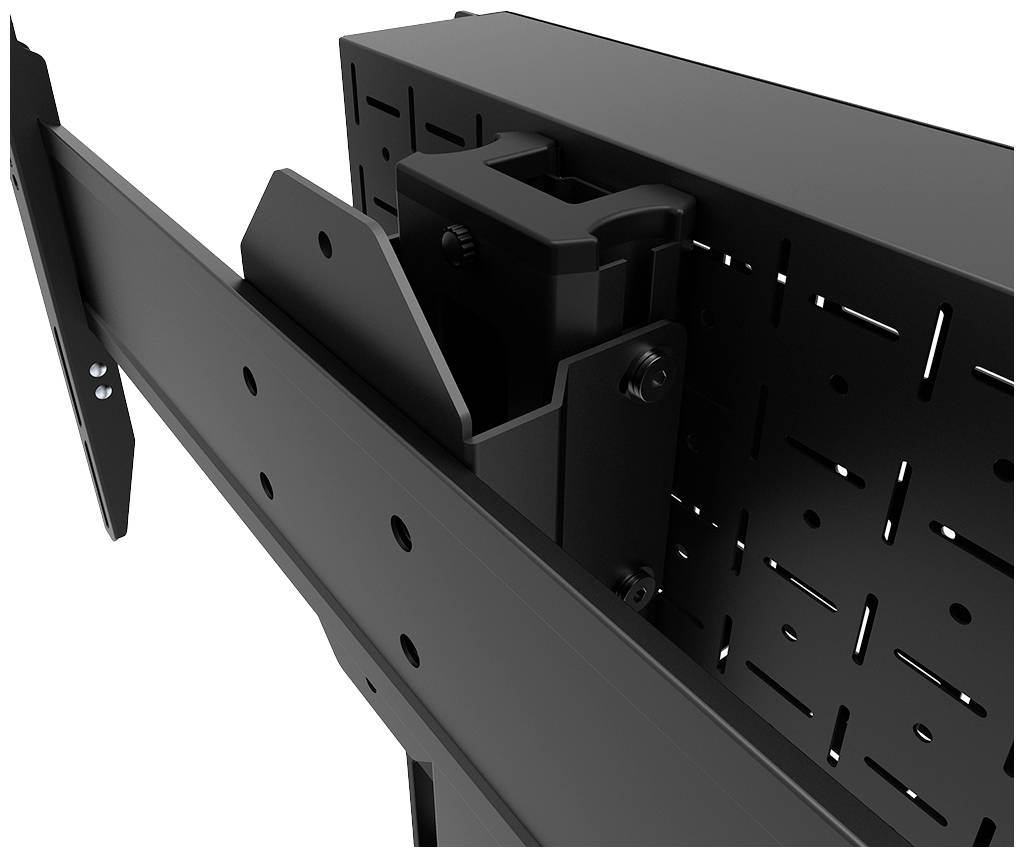 Metal mounting bracket with bolted connections, for receiving and securing components, in front of a perforated panel.