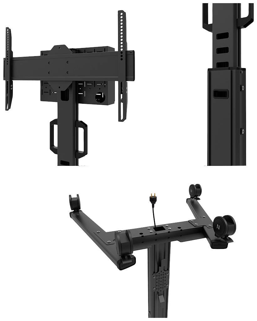 Mounting bracket for monitor or television, black, showing front and rear view with adjustable arms and cable management.