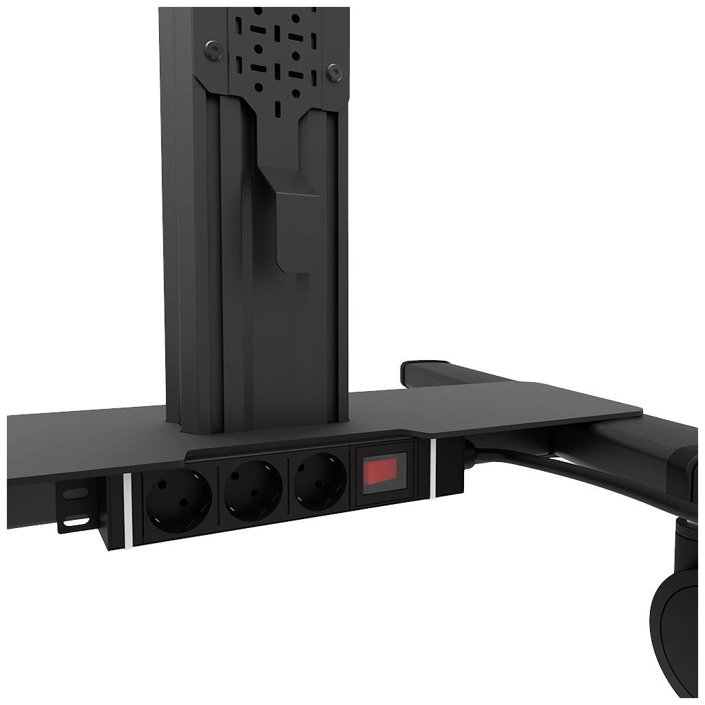 Black electrical device with three power sockets and a red switch, mounted on a vertical bracket. Focus on functionality.