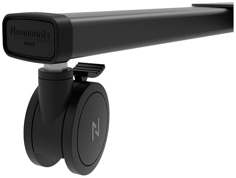 A black steering wheel with a wheel from Neomounts, suitable for furniture or devices, which provides stability and mobility.