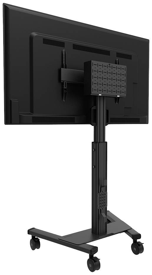 A large screen is mounted on an adjustable mobile stand. The stand has four wheels for easy manoeuvrability.