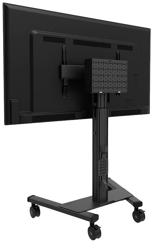A black monitor on a mobile, height-adjustable stand with wheels, viewed from behind.