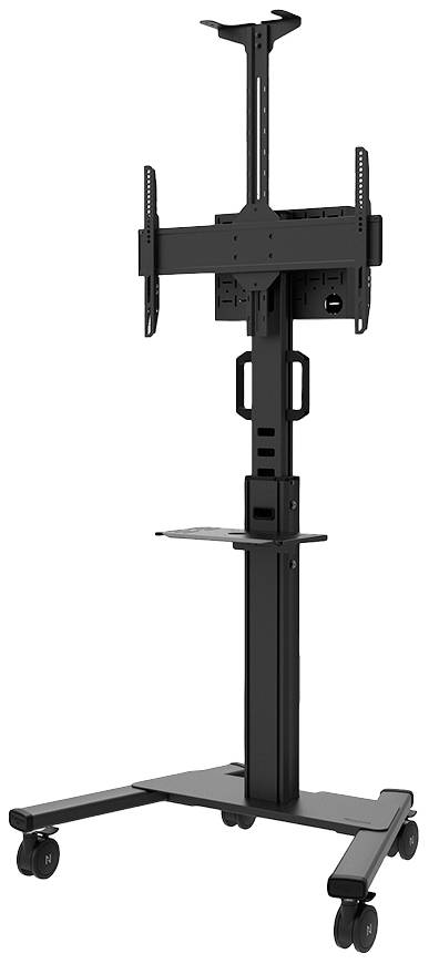 Black, mobile TV stand with height-adjustable mounting bracket, shelf, and castors for flexible use.