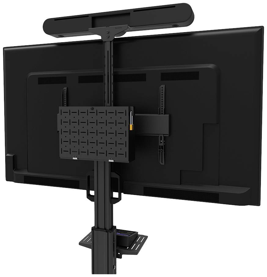 Rear view of a large flat-screen monitor on an adjustable stand, revealing cables and mounting points. Suitable for presentations.