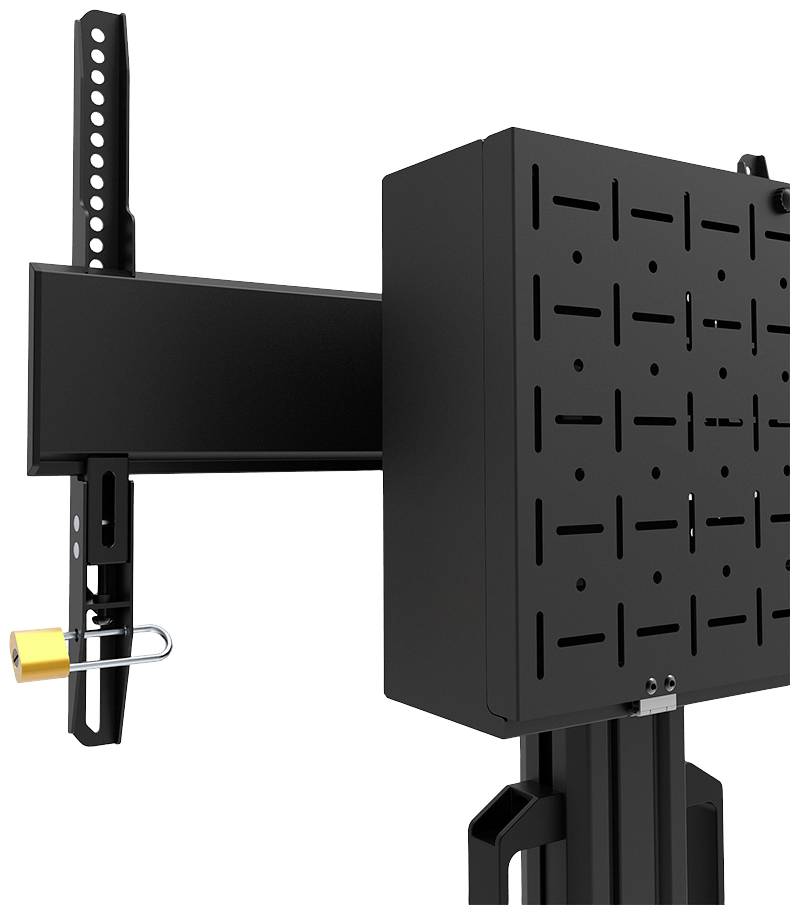 Wall mount for monitors or TV sets, black metal with adjustable brackets, suitable for various screen sizes.