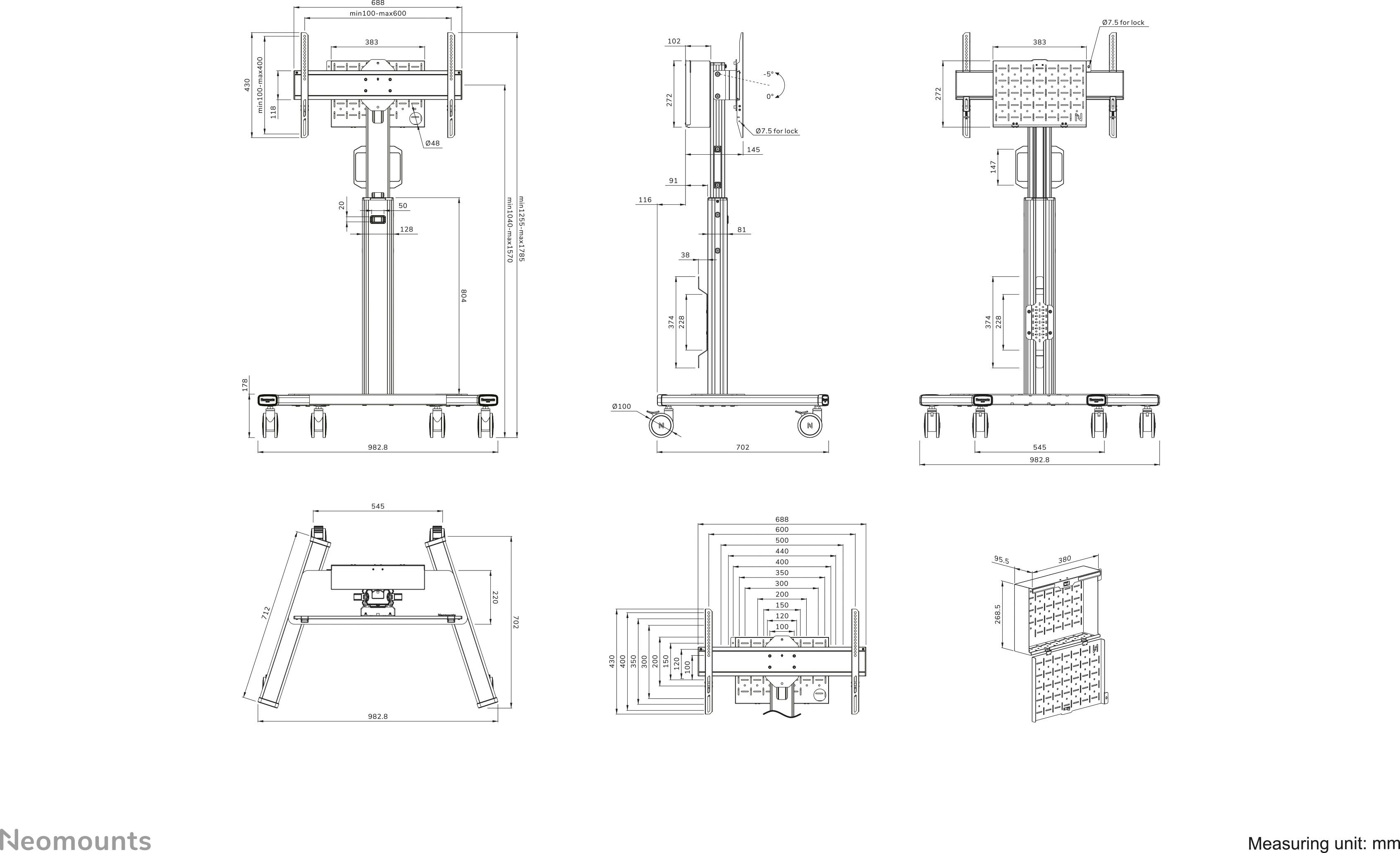 Technical Drawing of an Adjustable TV Stand with Various Views and Dimensional Specifications for Installation and Mounting.