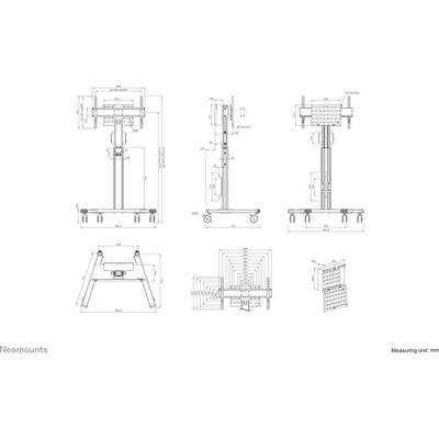 Technical drawing of an adjustable-height TV floor stand. Details of dimensions, connections, and mounting options are shown.