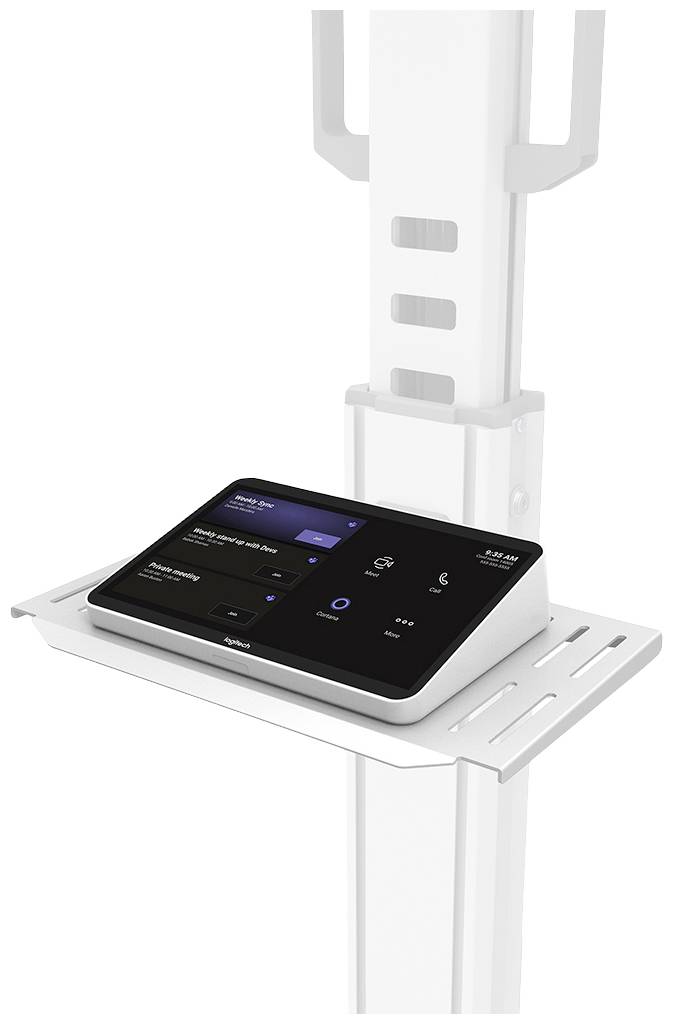 A black, rectangular touchscreen control panel on a white stand displays call and control options.