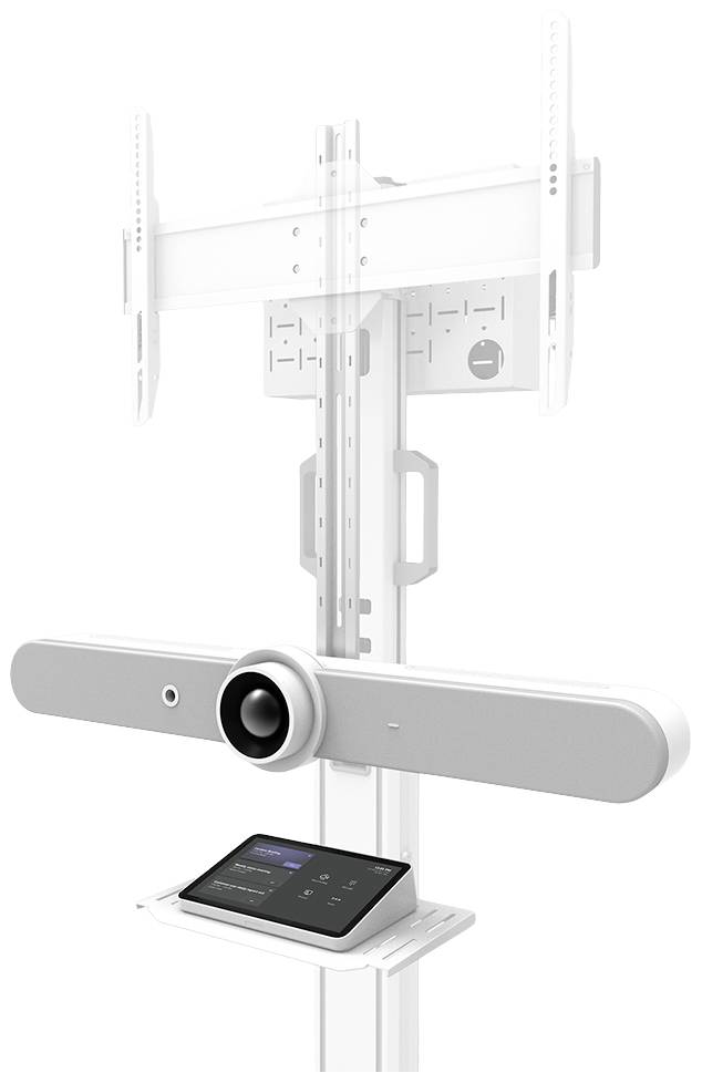 A video conferencing camera with an integrated speaker system is mounted on a stand. Beneath it is a touch control panel.