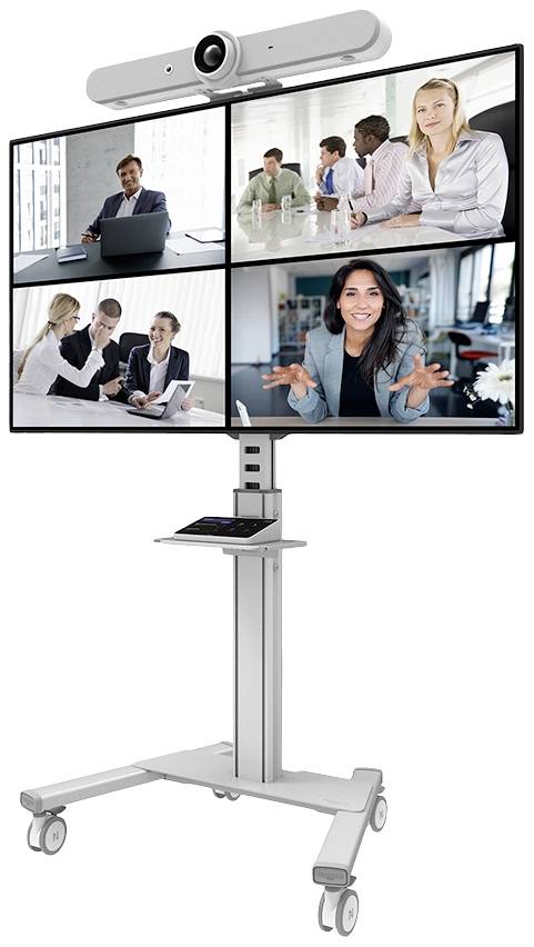 Video conference setup with four screens on a mobile stand, with several people engaged in business meetings.