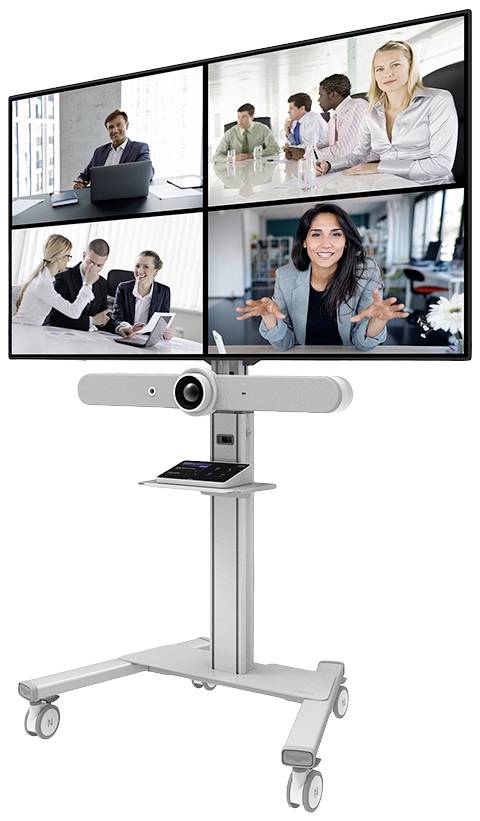 Video conferencing system on a mobile stand displaying four screens with people in virtual meetings. Perfect for remote office meetings.