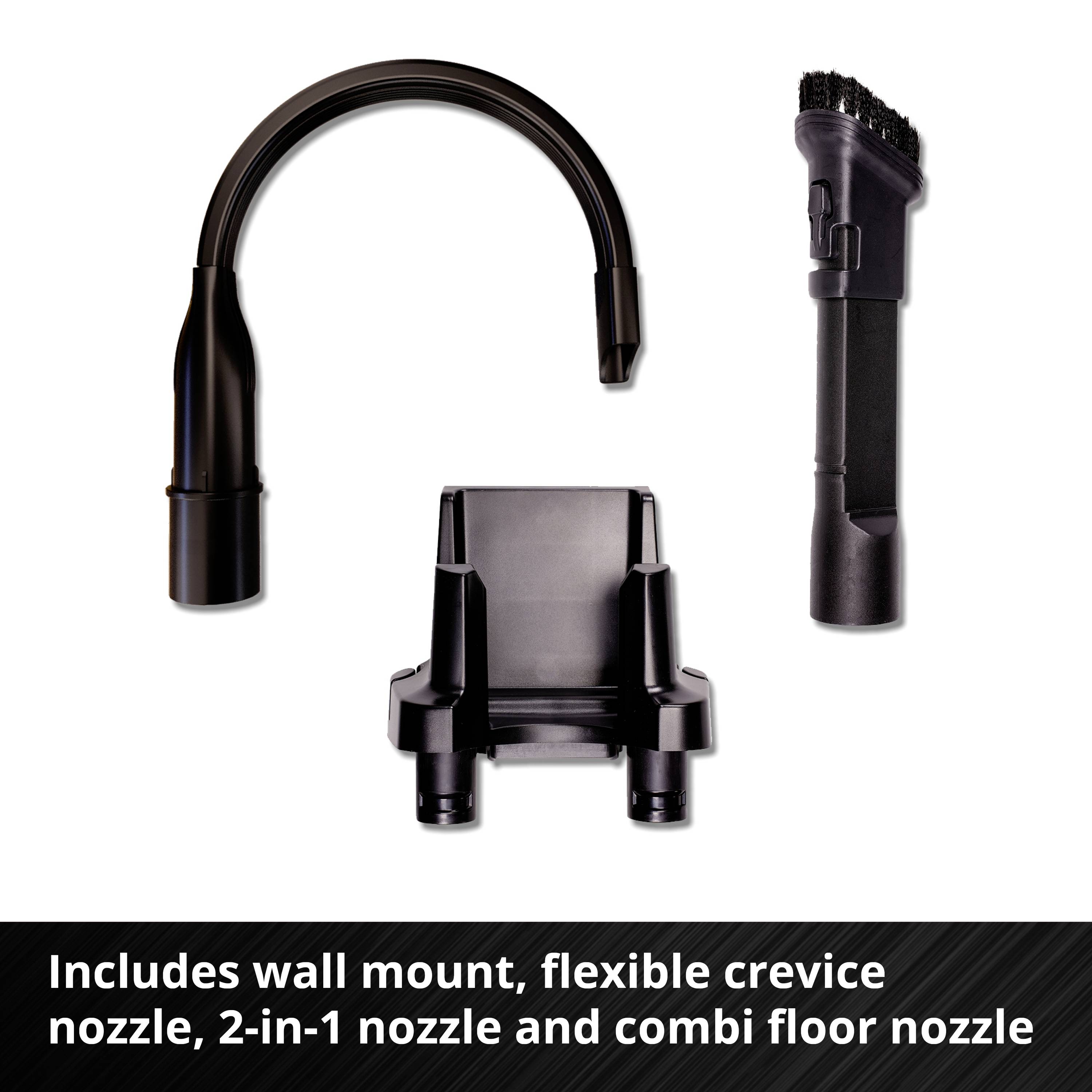 'Shown are a wall mount, a flexible joint nozzle, a 2-in-1 nozzle, and a combination floor nozzle.'