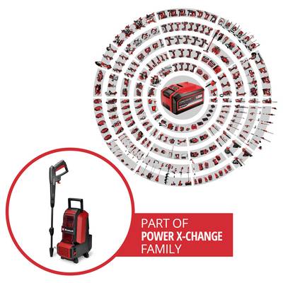 Product graphic showing a cordless power-tool family: many red-and-black tools arranged in a circular family tree, with a vacuum and portable unit labeled 'PART OF POWER X-CHANGE FAMILY'.