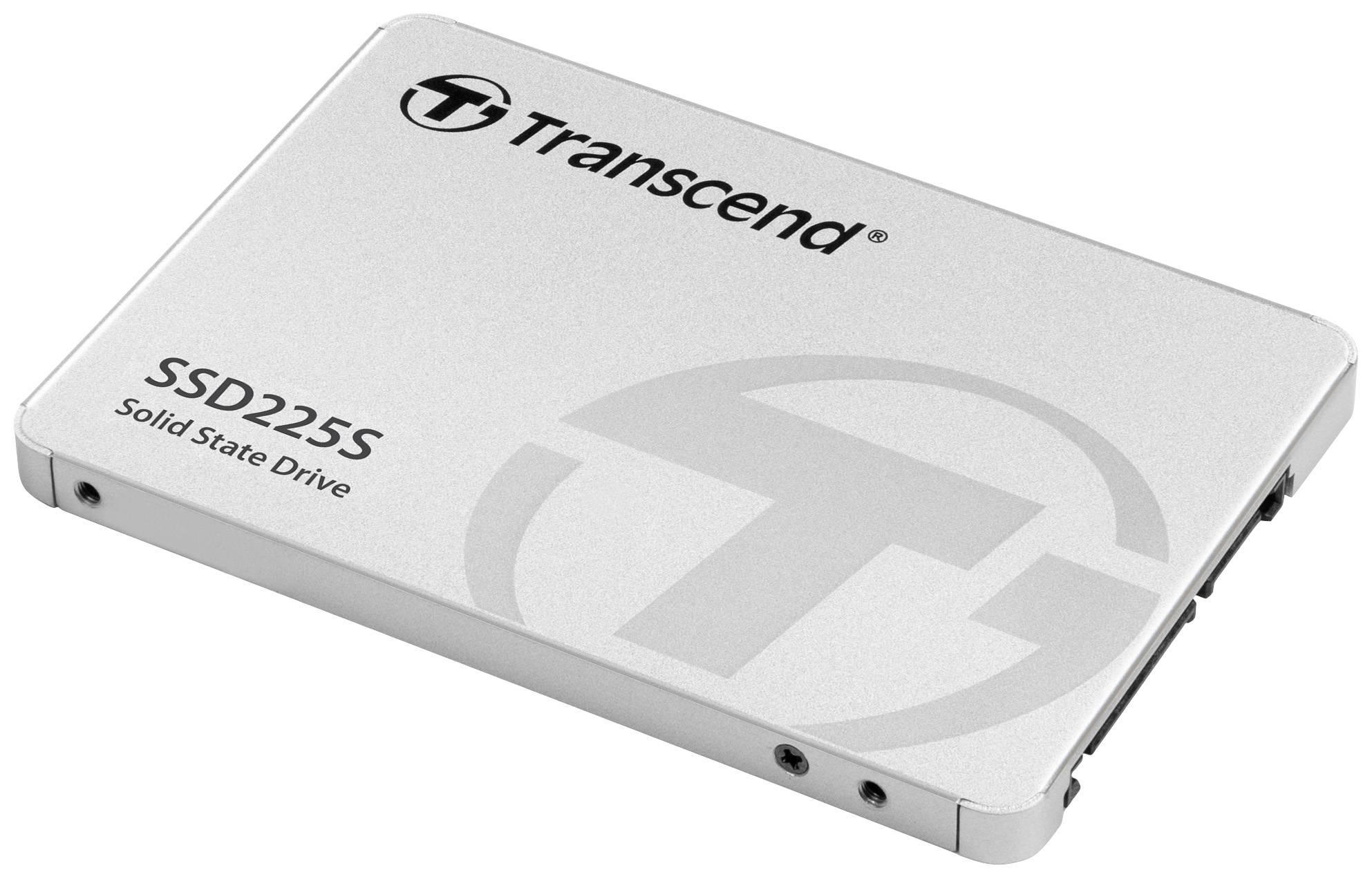 A silver SSD from Transcend, model SSD225S, is slightly tilted. It displays the logo and the text 'Solid State Drive'.