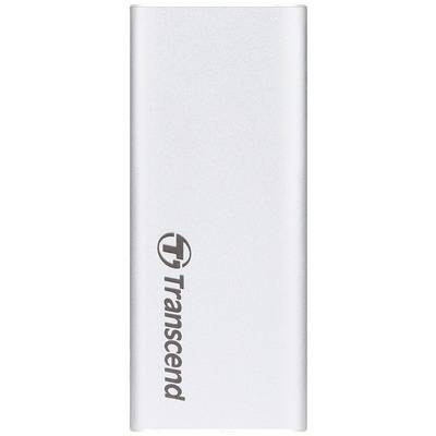 A silver, vertical Transcend USB stick with the logo on the left side.