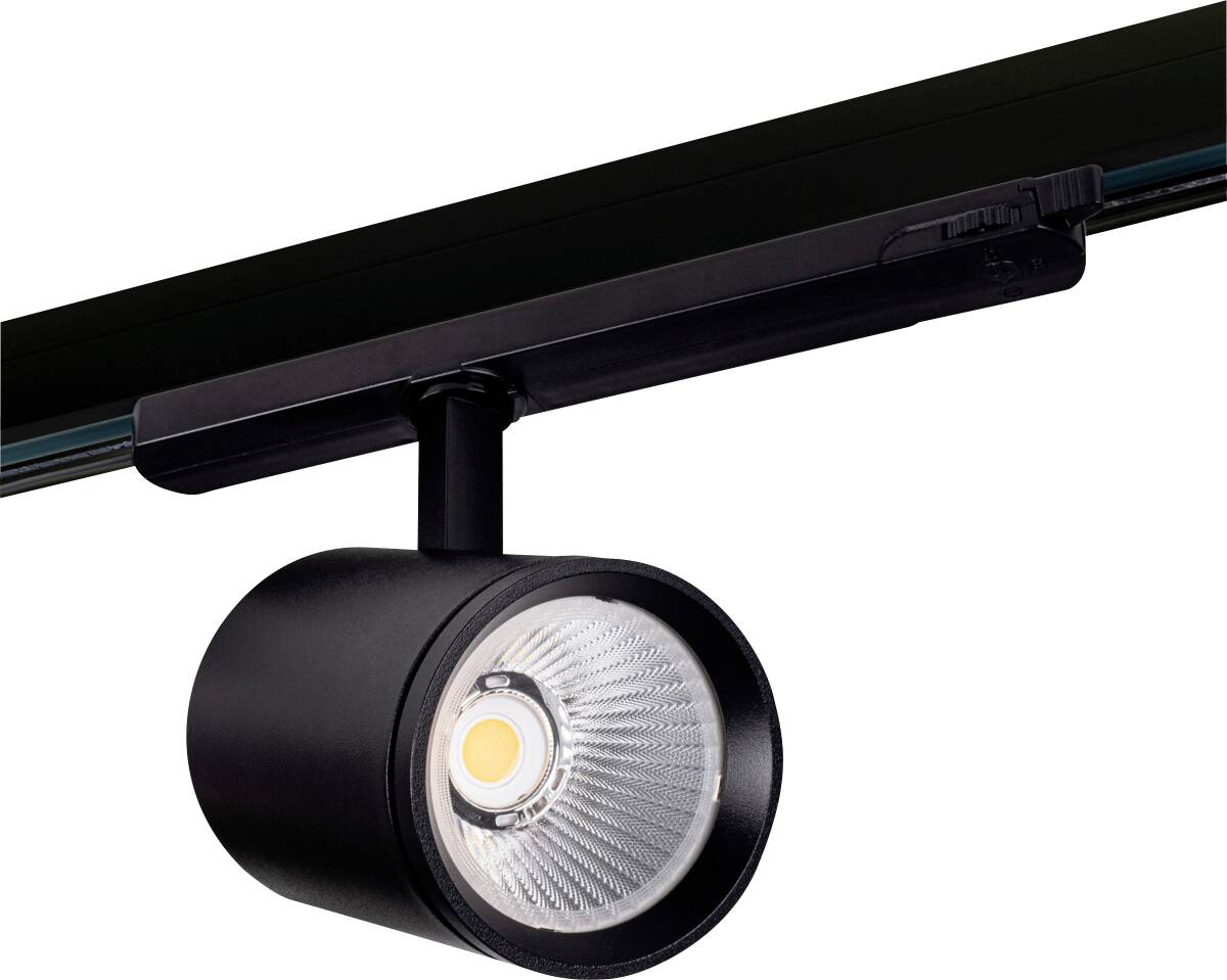 Black LED spotlight in a cylindrical shape, mounted on a black rail, suitable for accent lighting.