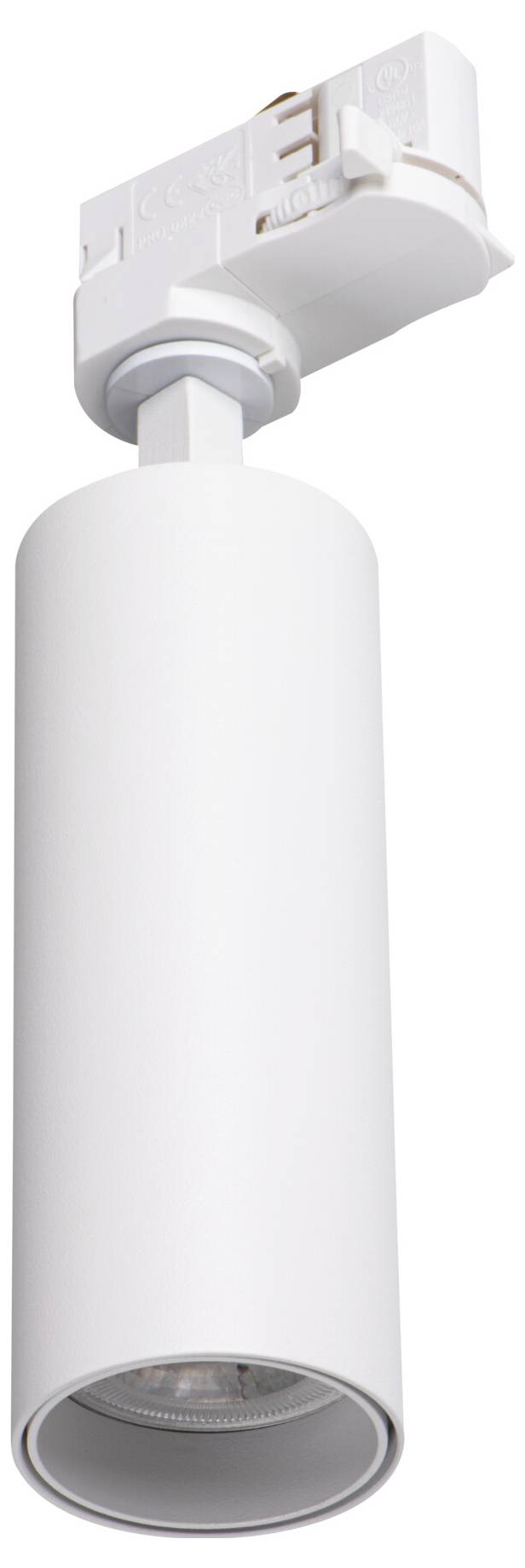 A white cylindrical track light with an adjustable head for directional lighting.