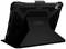 A black protective case for a tablet with stand functionality and an integrated holder for a digital stylus, rear view.