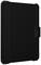 Black robust tablet case with vertical grooves, closed, with logo on the side. Ideal for enhanced protection.