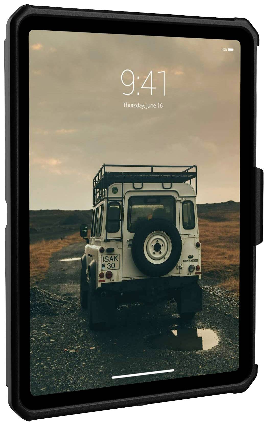 Tablet with screensaver: An off-road vehicle on a rural road at sunset. Time: 9:41, Date: Thursday, 16 June.