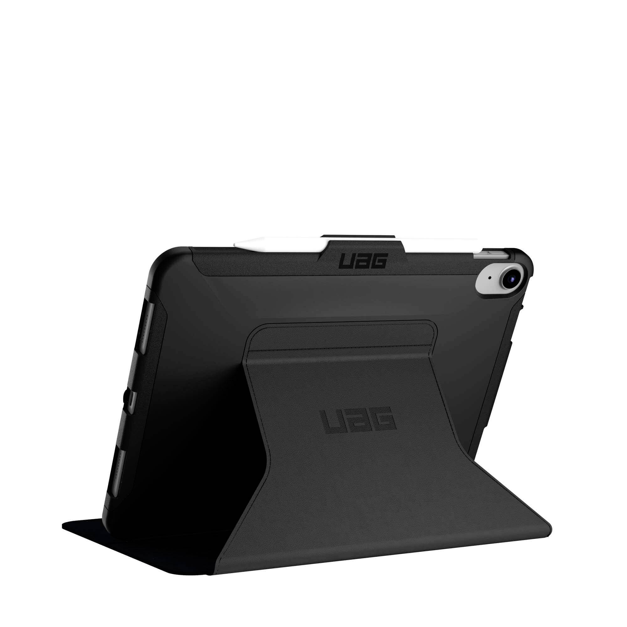 Tablet in a black protective case with a stand, positioned upright, showing the back and camera. Suitable for secure, hands-free working.