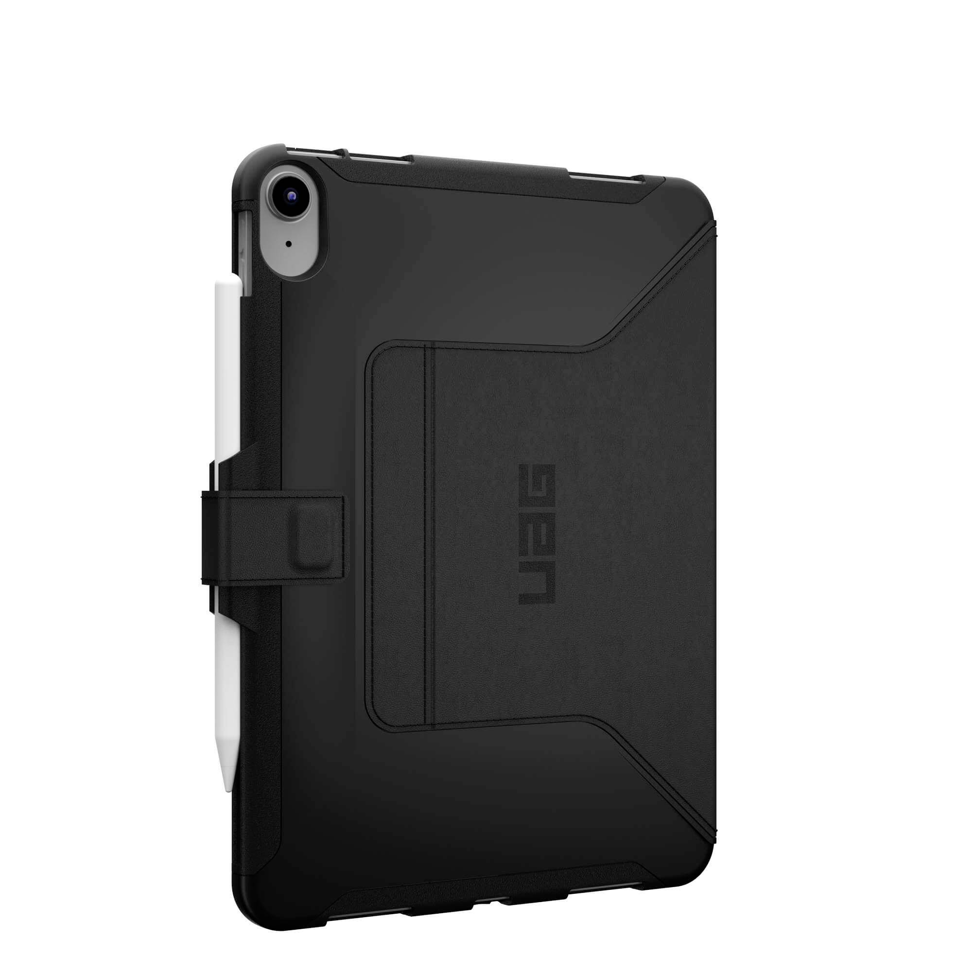 Black protective case for a tablet with a pen holder on the side, showing robust construction and functional design.