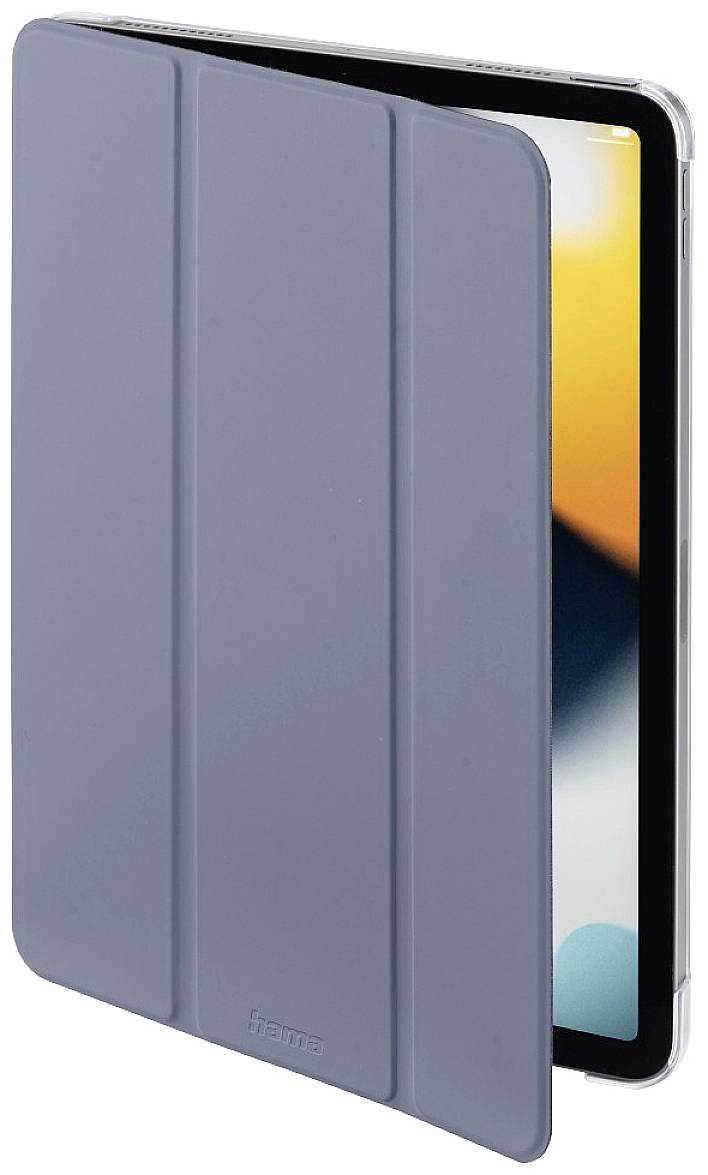 Grey Smart Cover for a smartphone or tablet, half-open; showing a screen with a blurred background.
