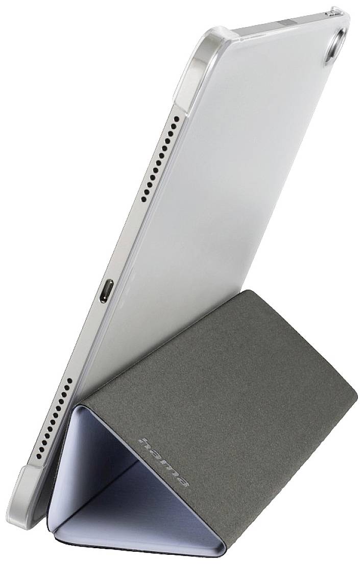 A tablet is positioned at an angle on a triangularly folded cover that serves as a stand.