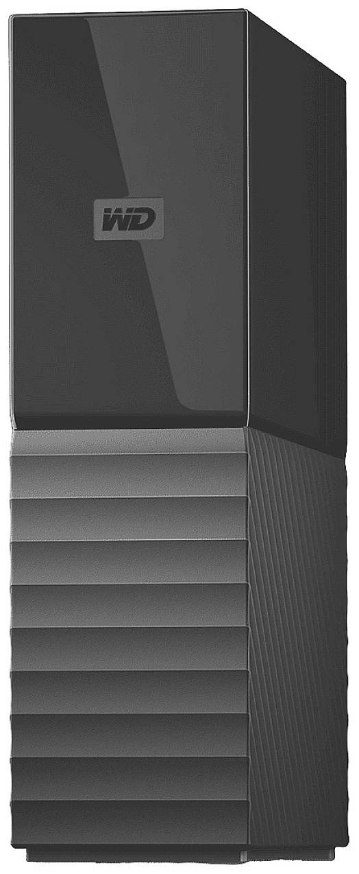 External hard drive with vertical design and WD logo, black and grey housing, suitable for data backup and storage expansion.