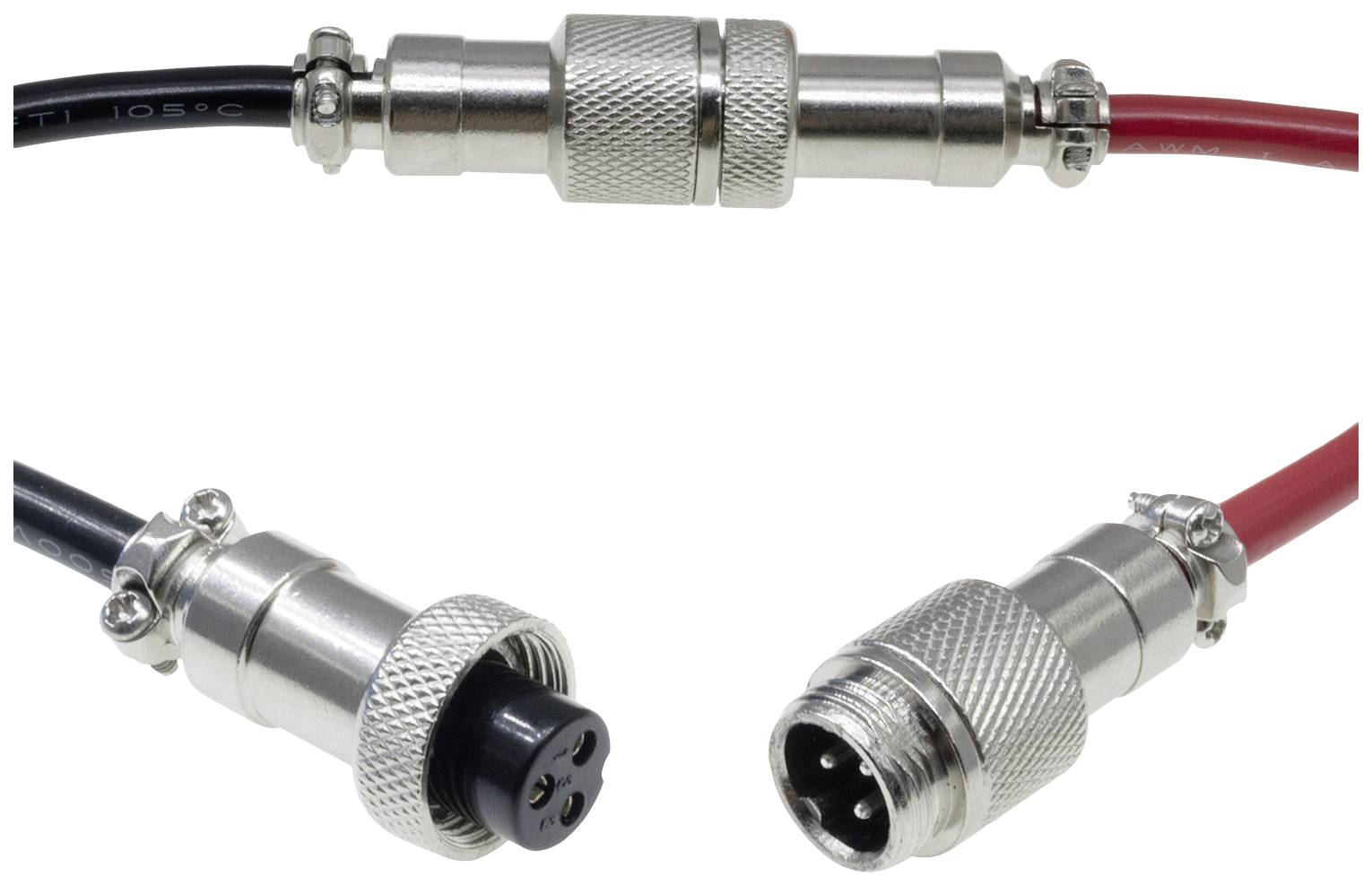 Two metal plugs, one with a black wire and one with a red wire, show open connection points with pins and sockets.