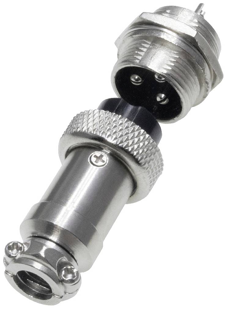 Metallic plug and socket. The plug shows three round pins, while the socket has three corresponding holes.