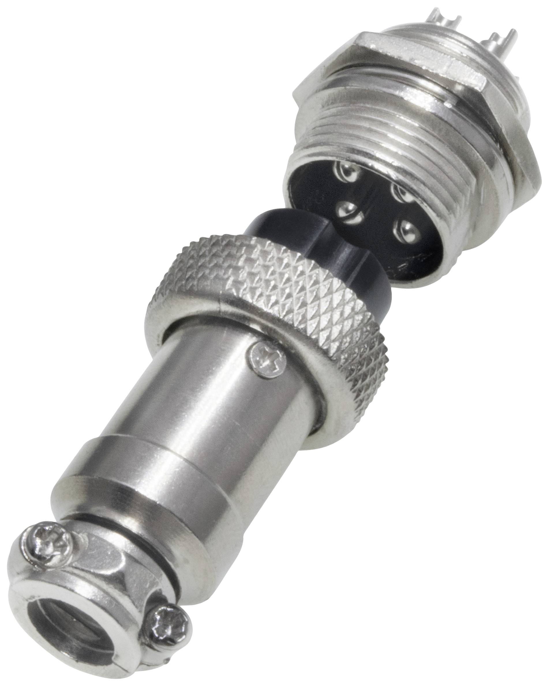 Metal plug with knurled thread and multiple pins, suitable for electronic connections in industrial applications.