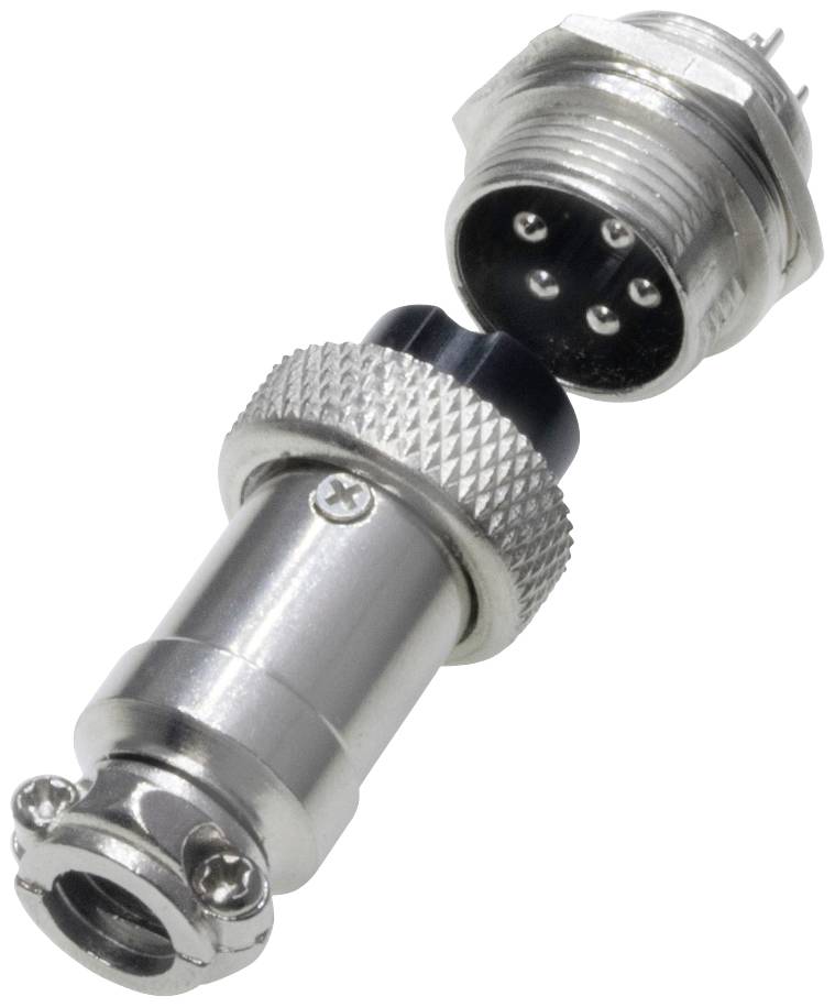 Two connectors: a 4-pin plug and a matching socket. The plug has a knurled housing.