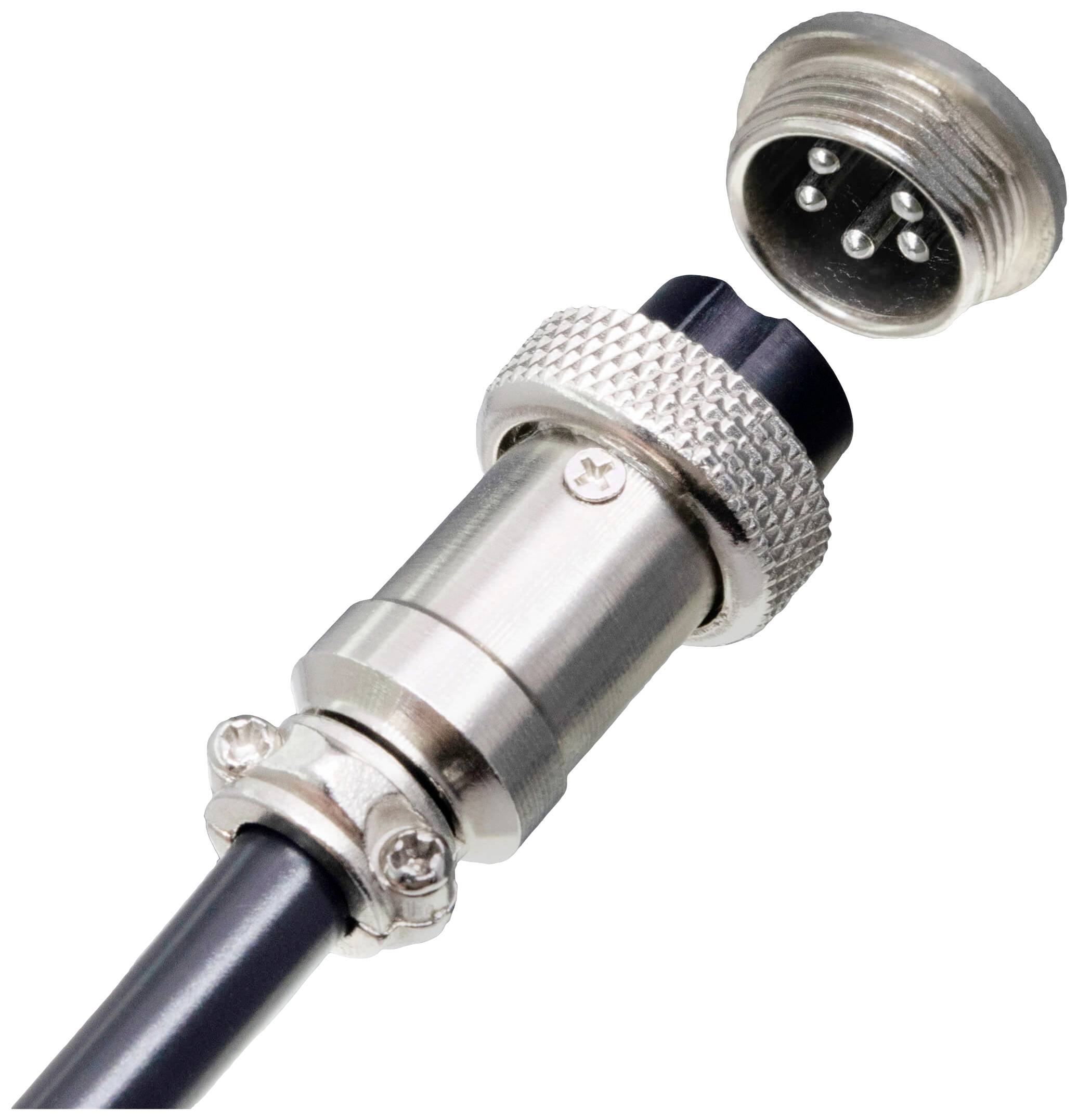 A metal plug with multiple pins and a screw thread. The plug is open, revealing the pin configuration.