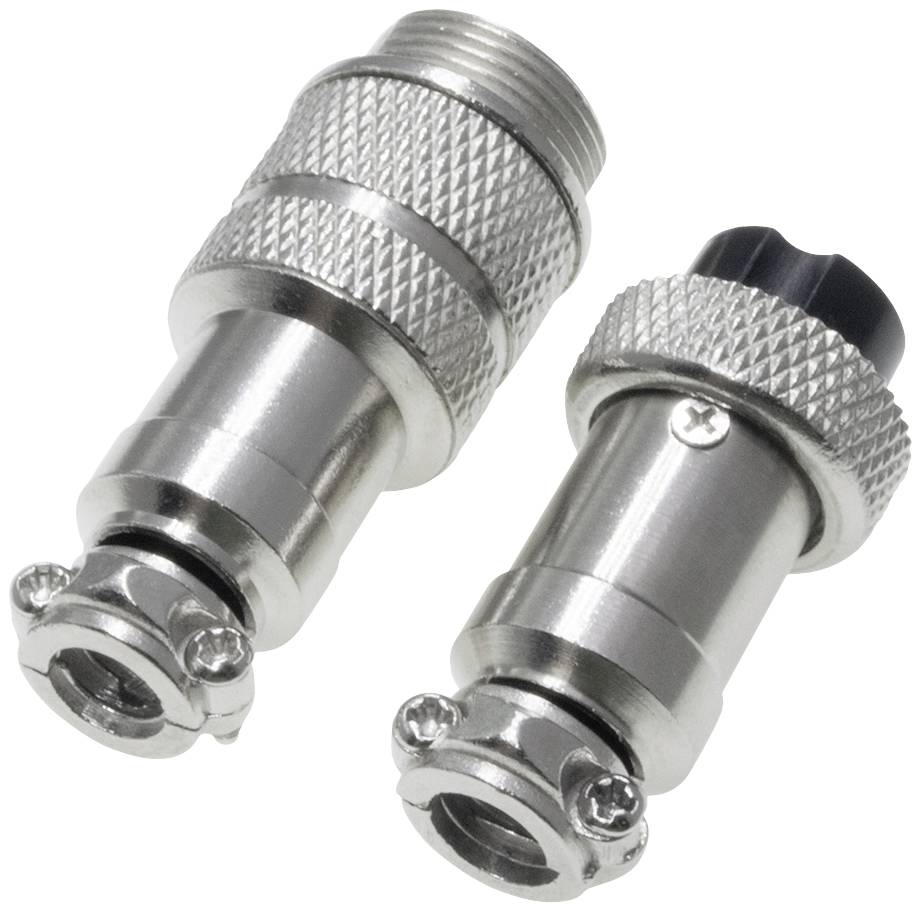 Two silver metal plug connectors, one with a black plastic element on top, both with a ribbed grip for better hold.
