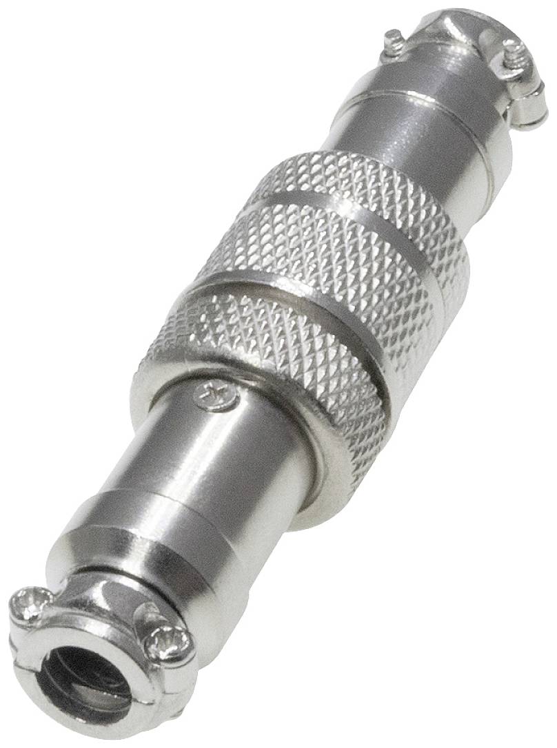 A silver metal BNC plug with a ribbed surface and screw lock, used for connecting coaxial cables in video technology.