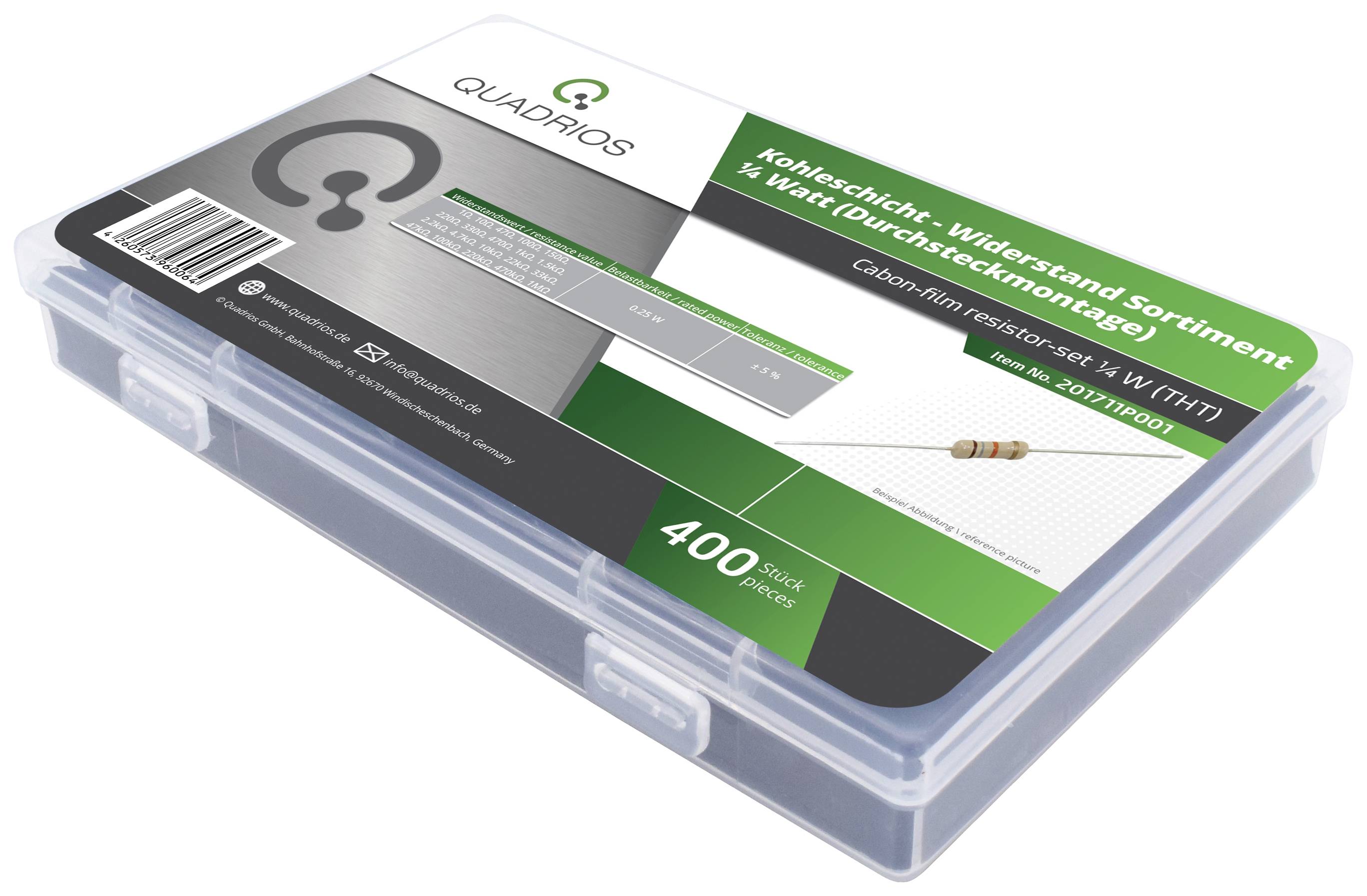 Transparent plastic box labelled 'Carbon Film Resistor Assortment' and '400 pieces', showing resistors on the packaging.