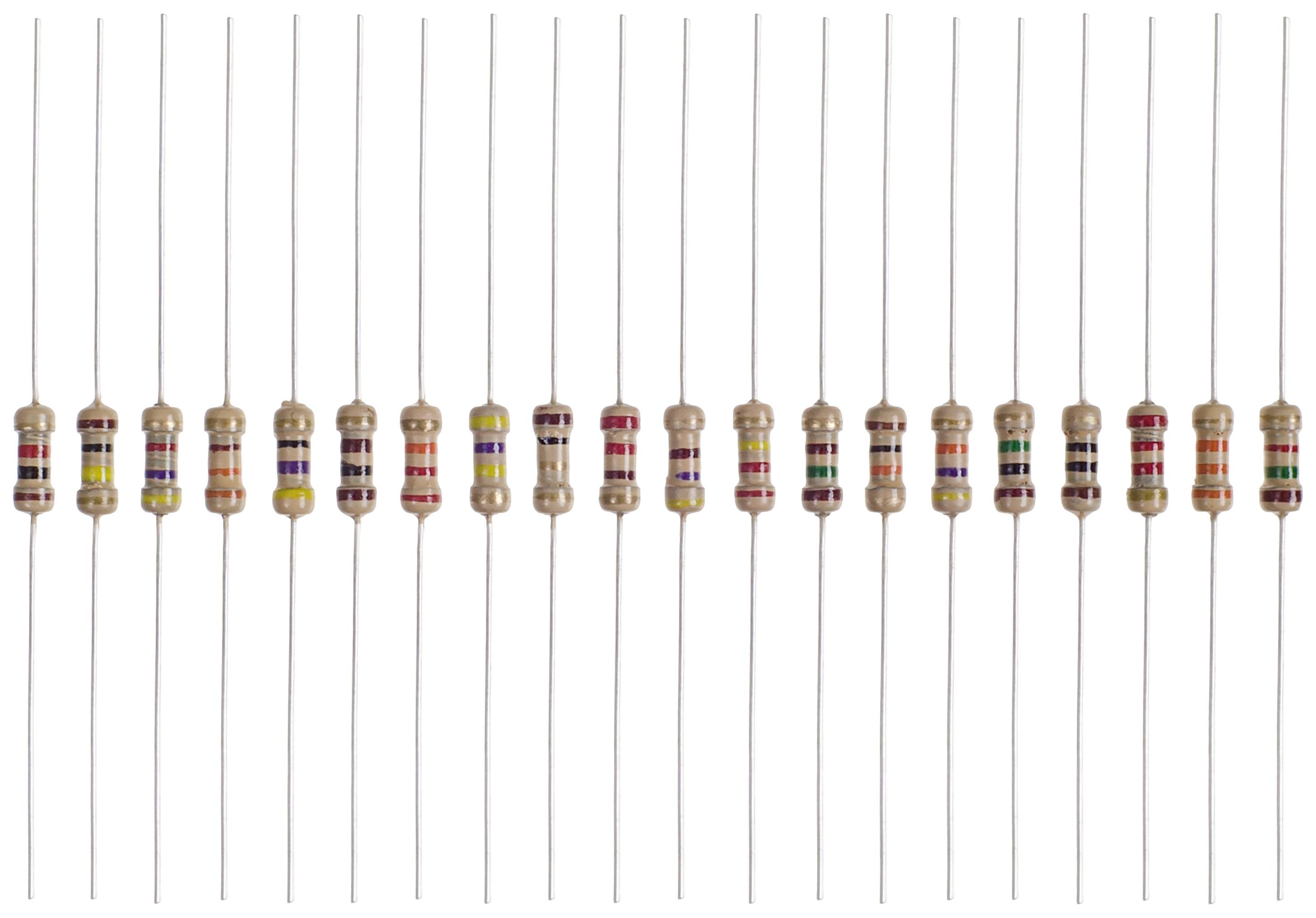 Several electrical resistors in a row, each with coloured bands indicating their value, on a white background.