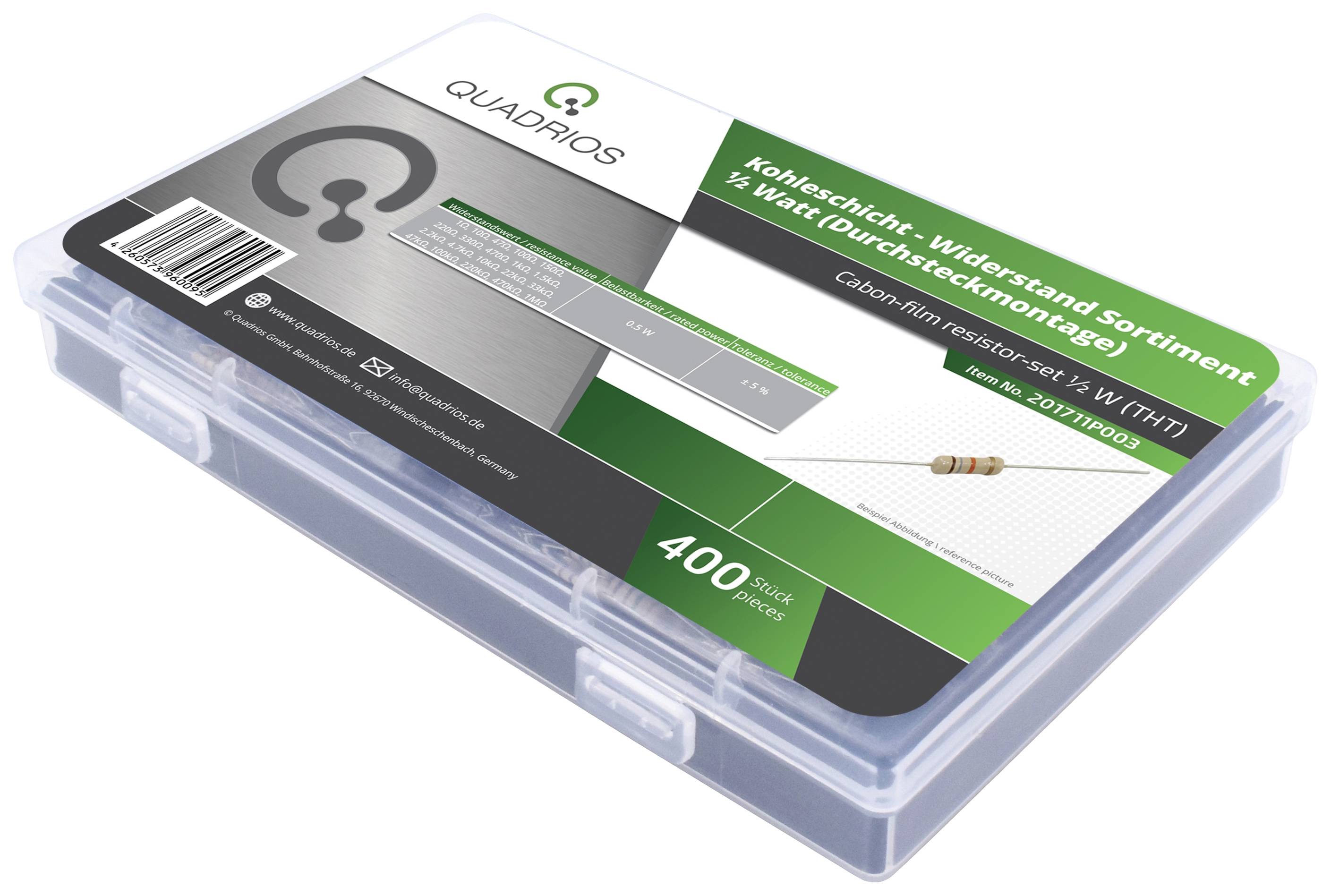 A plastic box labelled 'Carbon Film Resistor Assortment'. Contains 400 pieces; Brand: Quadrios.