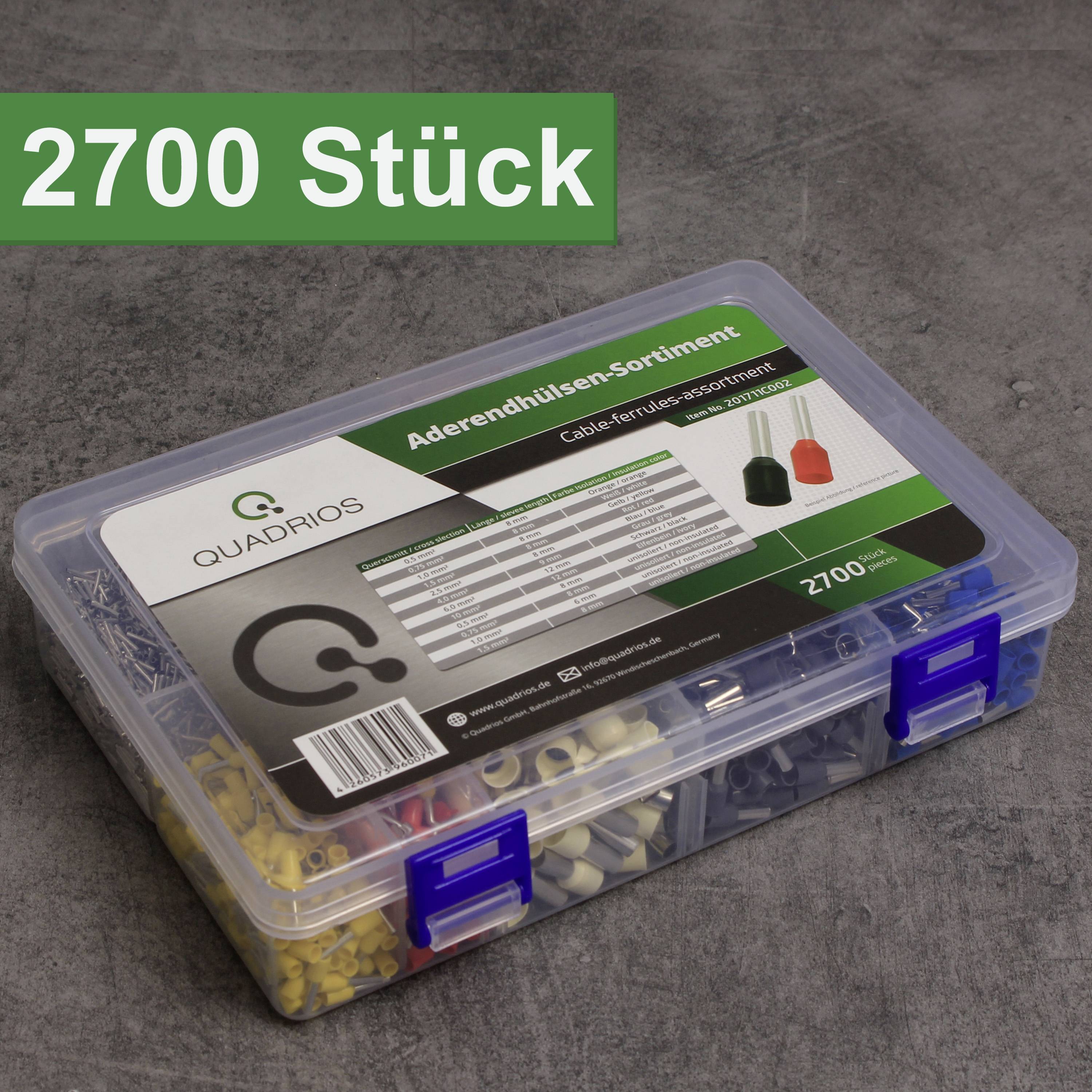 Arrangement of cable end ferrules in a transparent box, labelled with '2700 pieces' and manufacturer information on the label.