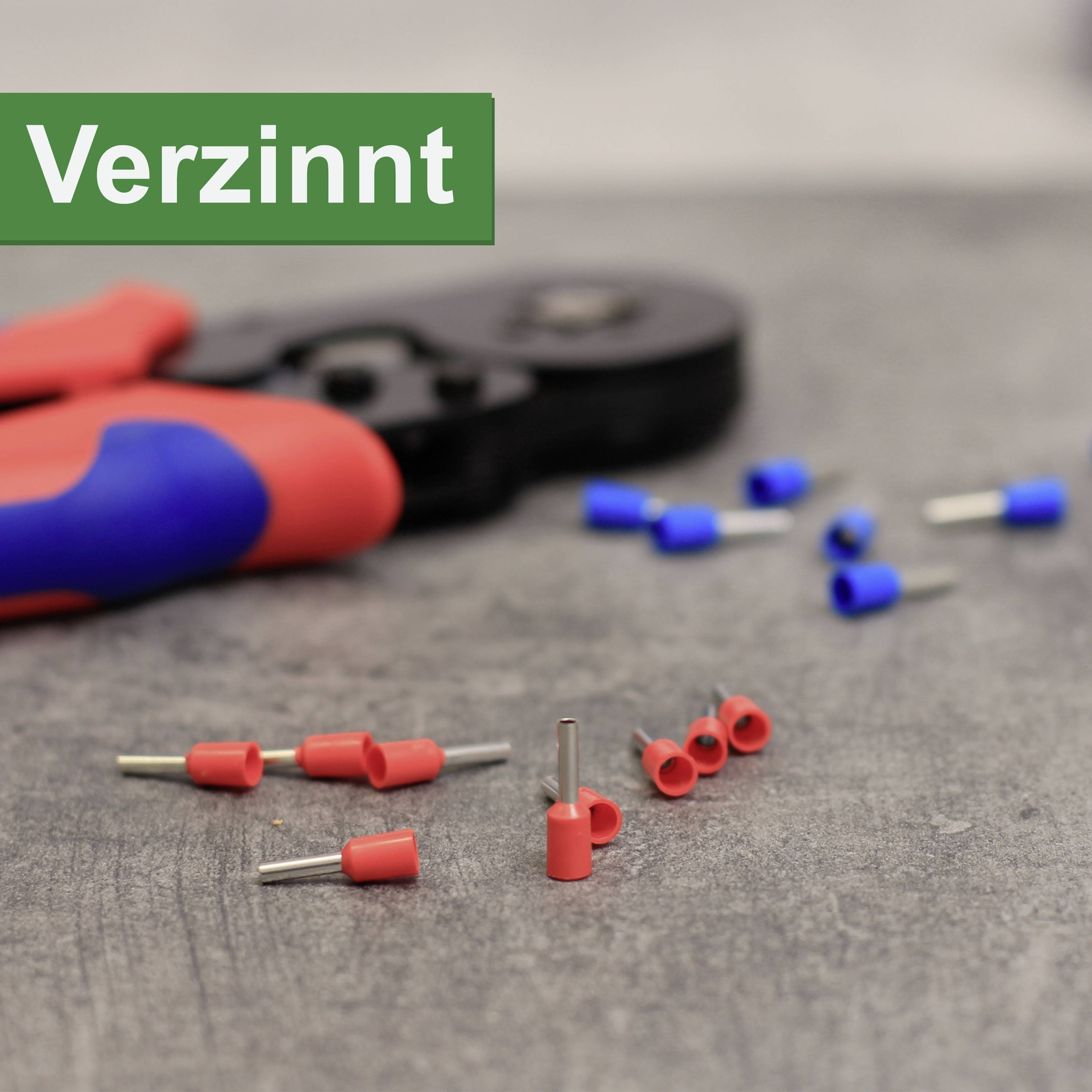 Red and blue cable lugs with a crimping tool in the background. The text 'Tinned' is in a green field.