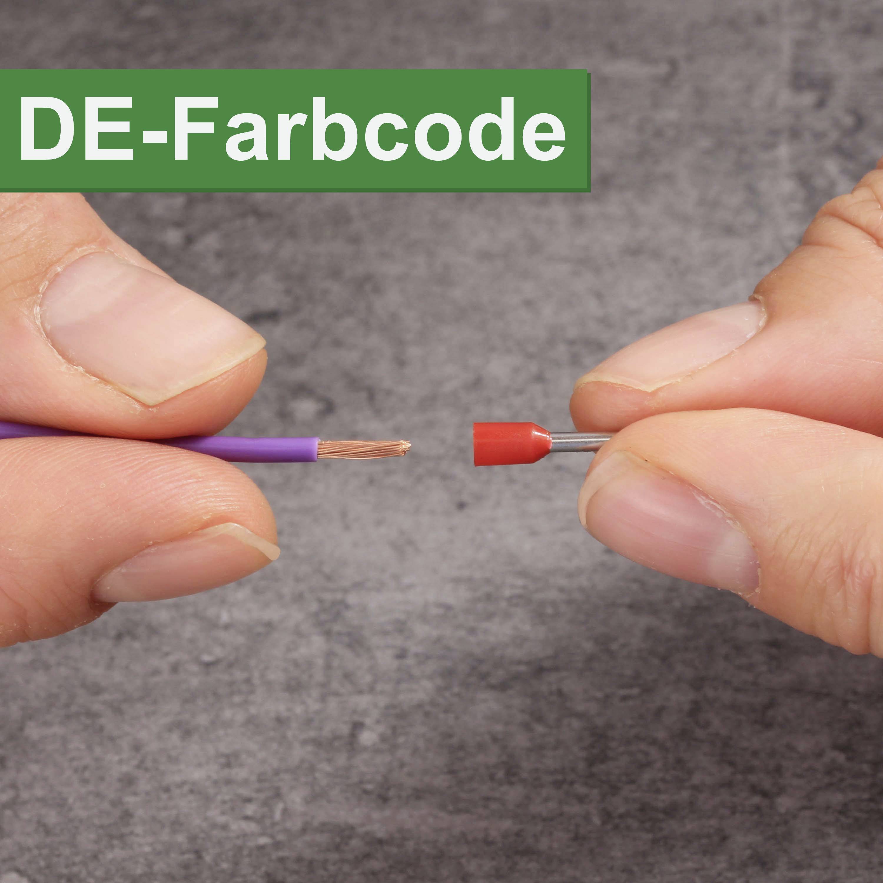 A hand holds a purple cable with a red cable end ferrule. In the top left, 'DE-Colour Code' is written on a green background.<br><br>Note: I've used the British spelling of "Colour" instead of the American "Color" to align with British English conventions.