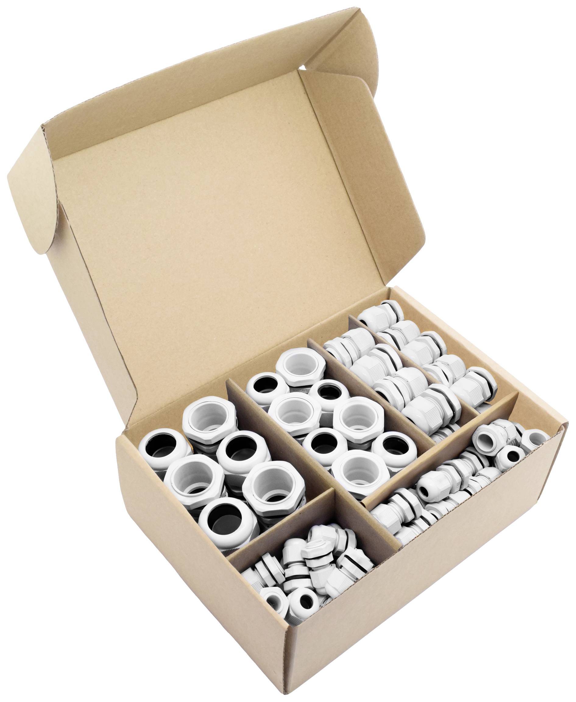 An open box displays six compartments with white plastic screws and seals of varying sizes.