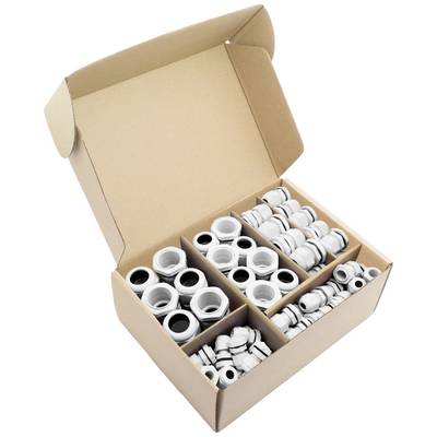 An open box displays six compartments with white plastic screws and seals of varying sizes.