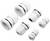 Various white cable glands in multiple sizes on a white background.
