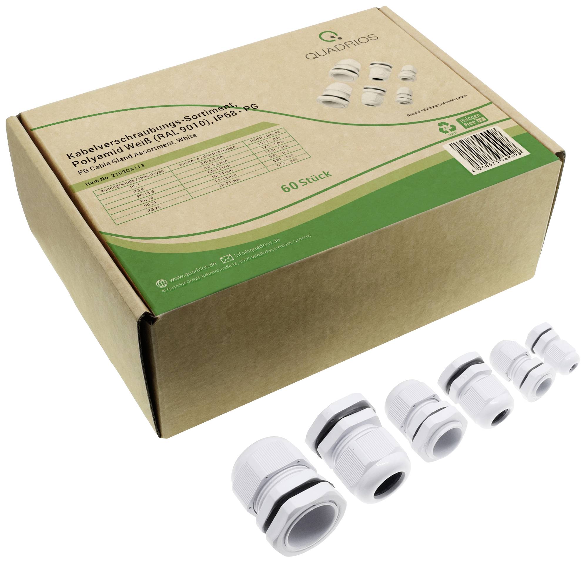 A brown cardboard box labelled 'Cable Gland Assortment'. It shows five white cable glands of varying sizes.