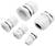 Five white cable glands of various sizes on a white background, shown from side and front views.