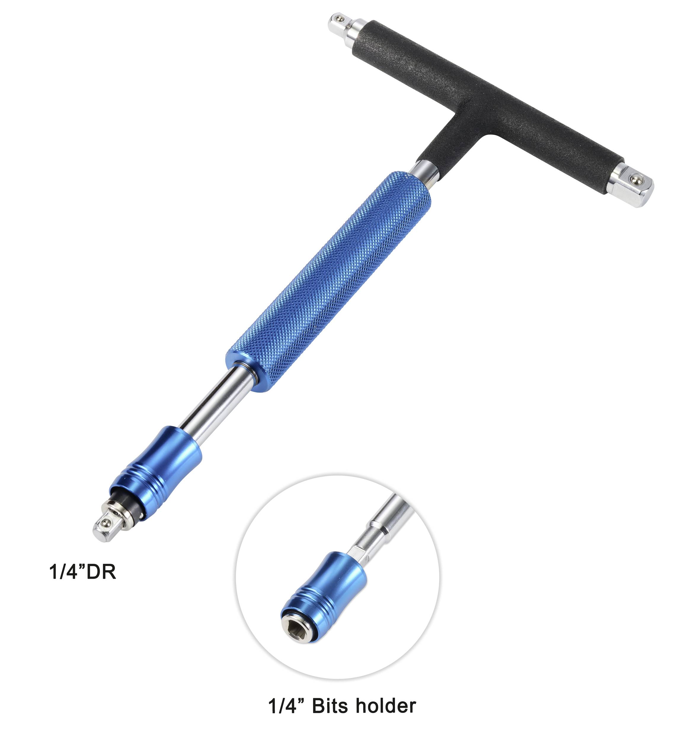 T-shaped screwdriver with blue handle and removable bit holder; labelling shows details of the 1/4-inch bit holder.