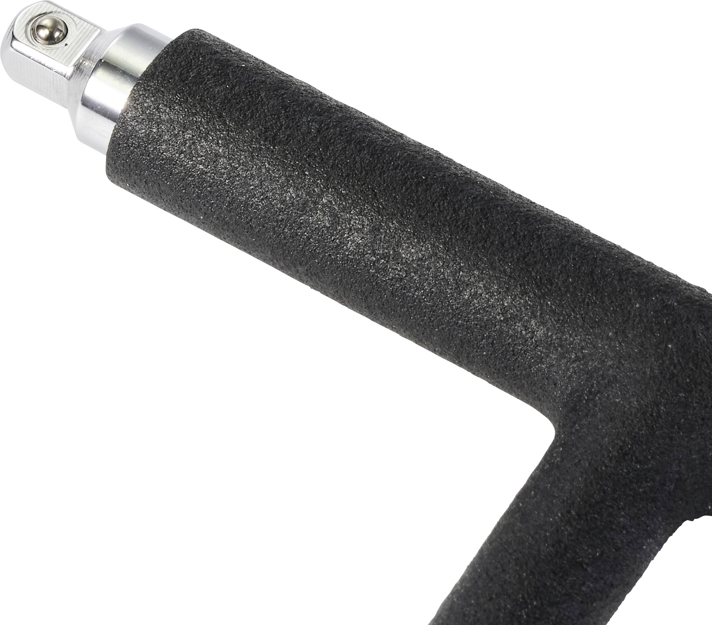 Close-up of a black, textured grip with a metallic, cylindrical end attached at an angle.